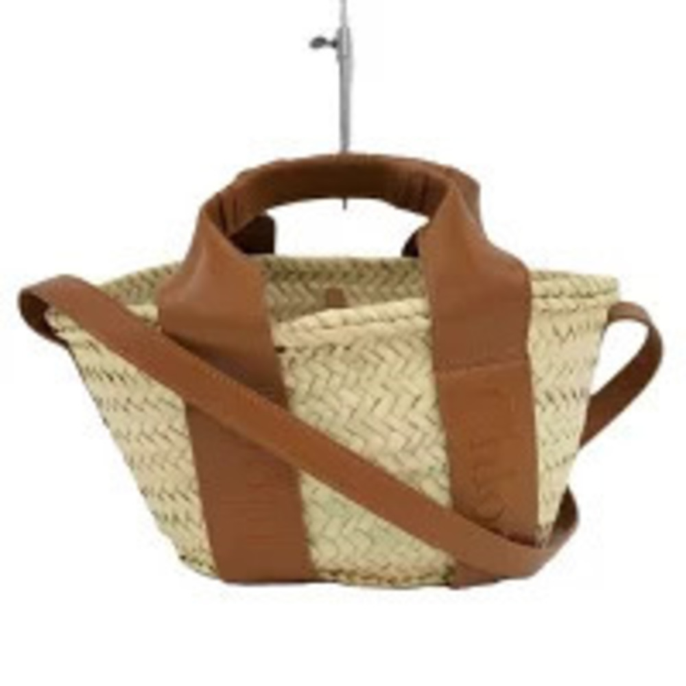 Chloe Basket Handbag Raffia Leather Brown Beige Cream